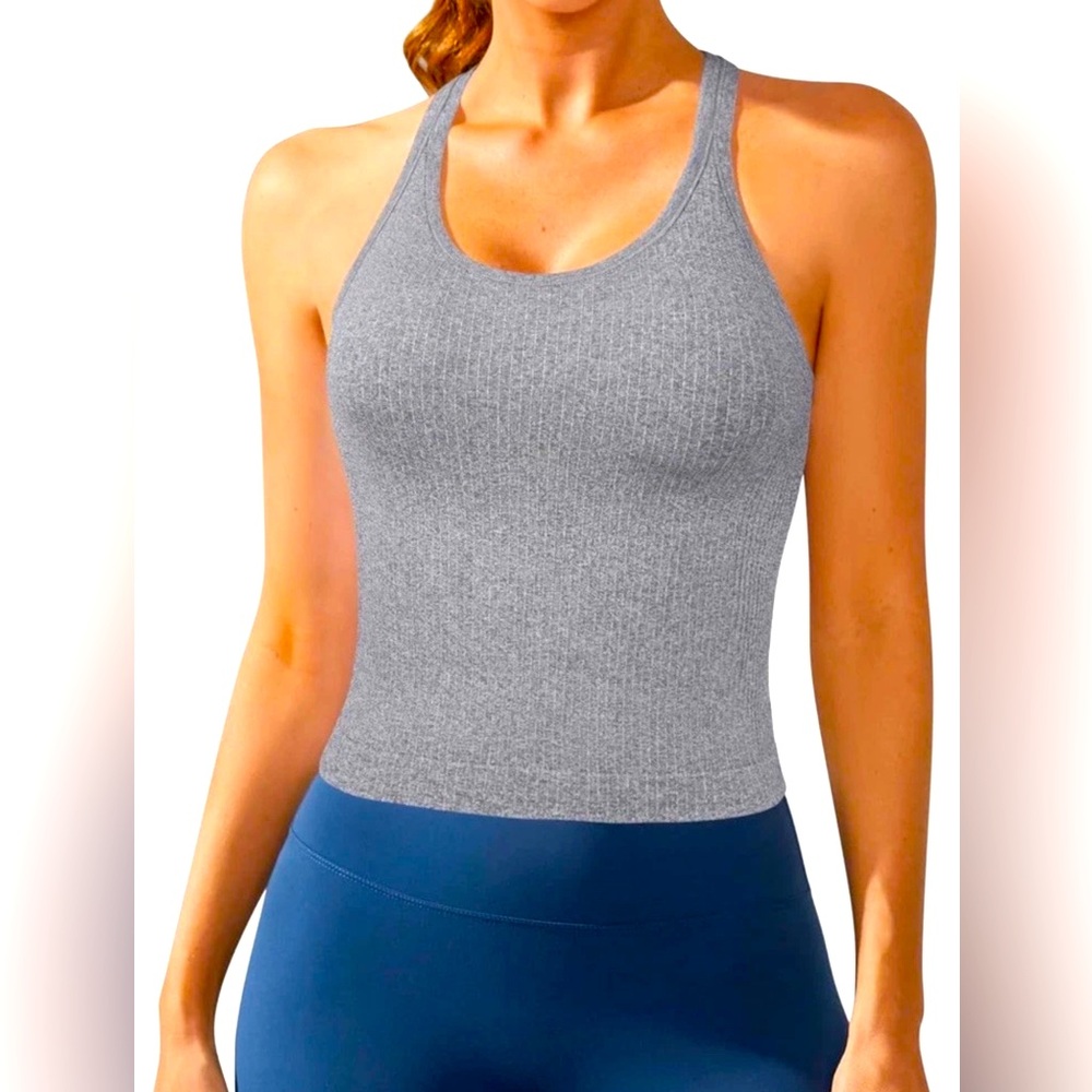 ATTRACO Women's Ribbed Workout with Built in Bra Yoga Tank Top Size Large